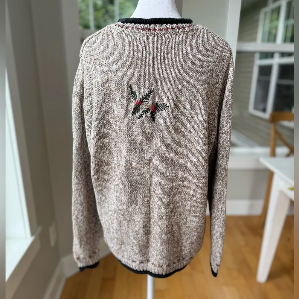 Vintage C.J. Banks Heather Brown Black Red Hand Embroidered Cardinal Sweater X